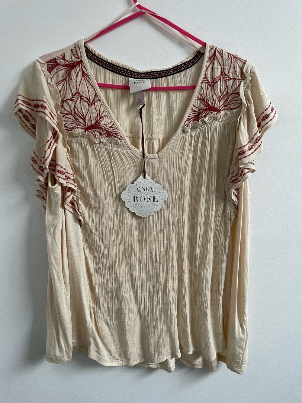NWT Cream Blouse Top with Red Floral Embroidery